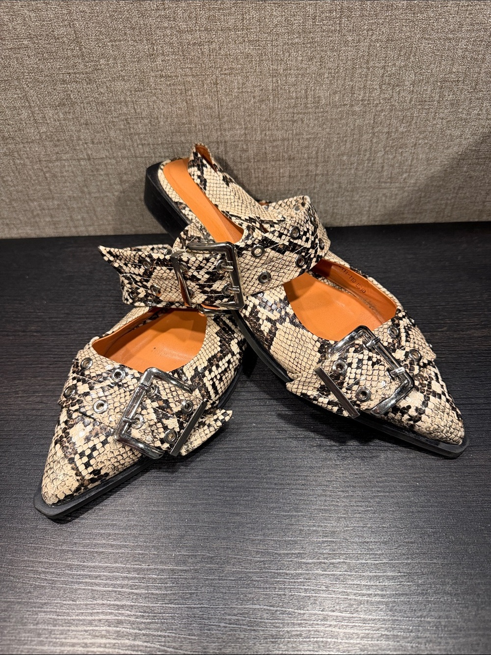 Snake-Print Pointed Mary Jane Flats with Buckle